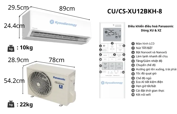 Thông số kỹ thuật điều hoà Panasonic 12000BTU Cu/CS-XU12BKH-8